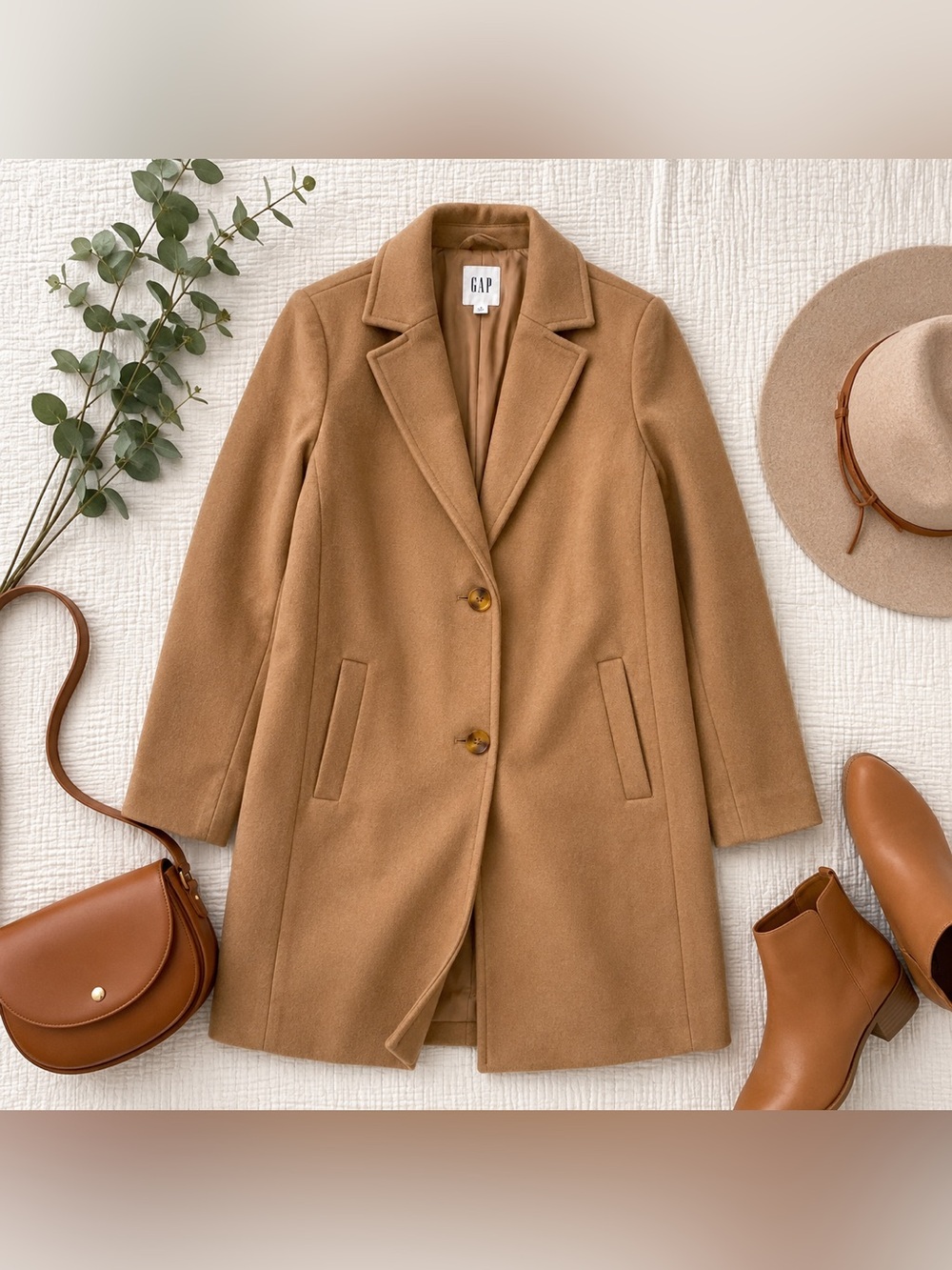 GAP Camel Single-Breasted Wool Trench Coat